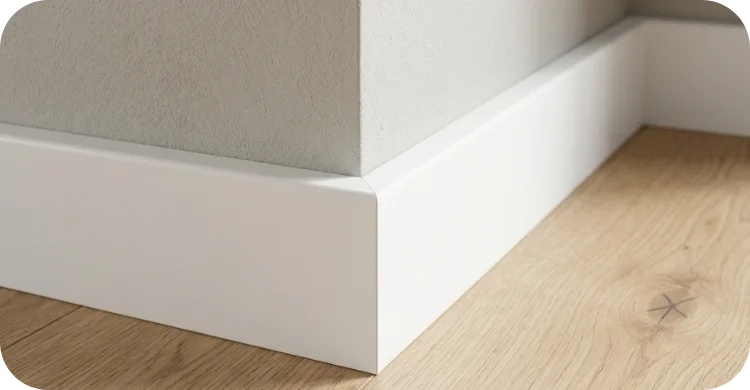 Weiße Fußleiste an Wand mit modernem Holzfußboden sauber verlegt