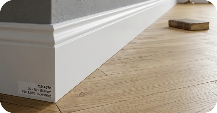 Weiße Sockelleiste an Wand mit modernem Holzfußboden sauber verlegt