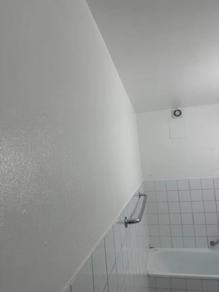 Frisch gestrichene, trockene Wand und Decke in einem sanierten Bad