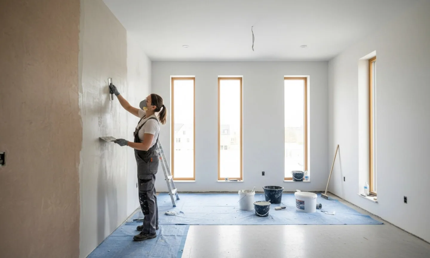 Handwerkerin spachtelt Wand im Innenraum bei Renovierungsarbeiten