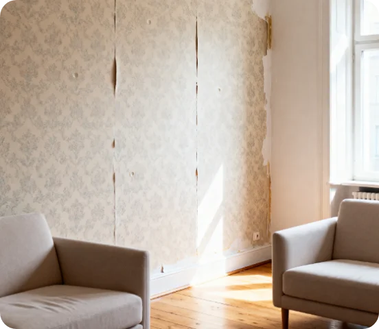 Wohnzimmer vor Tapezierung mit beschädigter Tapete und sichtbaren Rissen