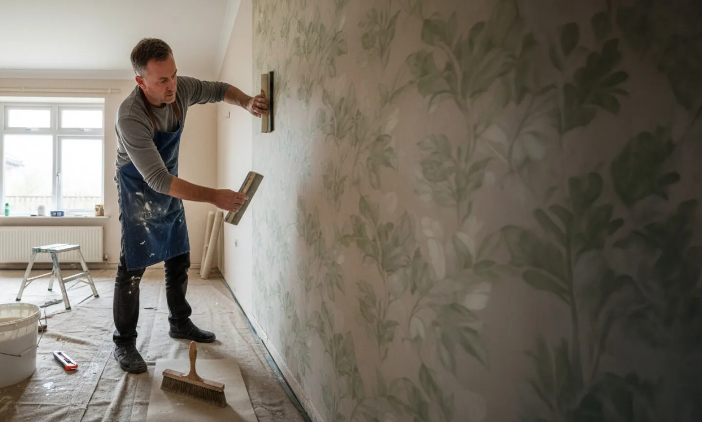 Handwerker glättet tapezierte Wand mit Werkzeug bei Renovierung