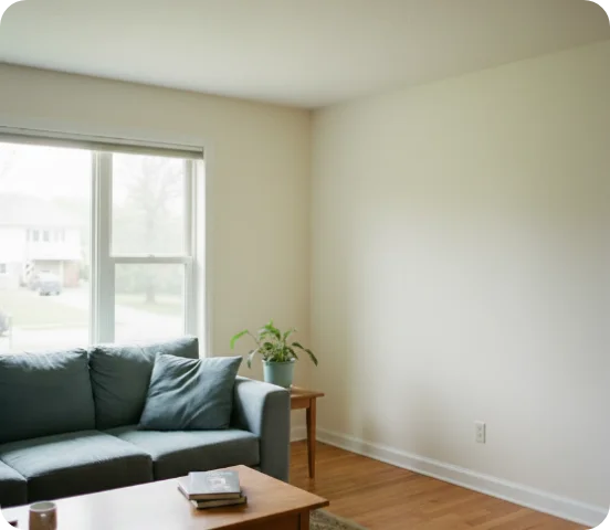 Wohnzimmer nach Wasserschaden Renovierung durch MyWorker mit neuem Boden und frischer Wand