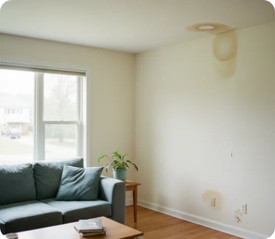 Wohnzimmer mit sichtbaren Wasserschäden an Wand und Decke vor der Renovierung