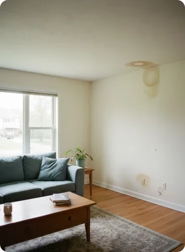Wohnzimmer mit sichtbaren Wasserschäden an Wand und Decke vor der Renovierung