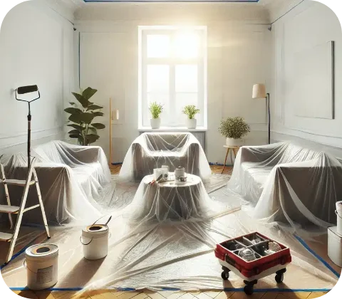 Wohnzimmer vor Malerarbeiten mit abgedeckten Möbeln und Schutzfolie