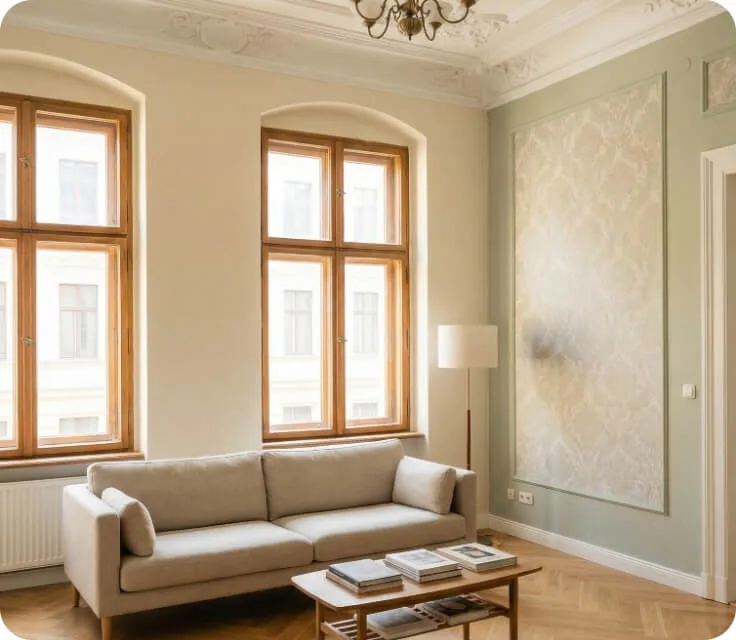 Modern gestaltetes Wohnzimmer mit dekorativer Wandgestaltung und hellen Farben