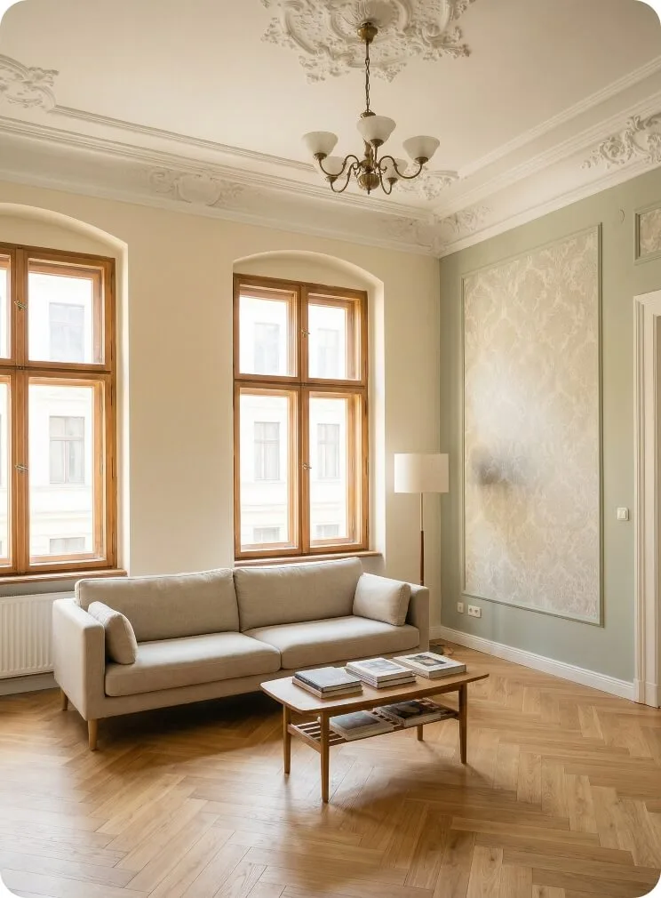 Modern gestaltetes Wohnzimmer mit dekorativer Wandgestaltung und hellen Farben