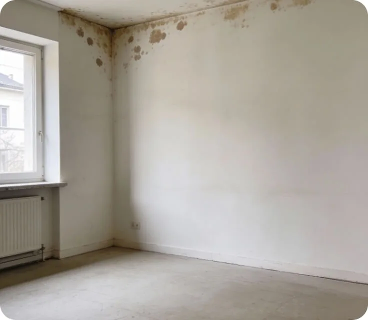 Schimmelbefall in Zimmerecke an Wand und Decke durch Feuchtigkeit