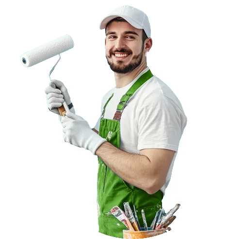 Maler mit Farbrolle und Arbeitskleidung vor transparentem Hintergrund