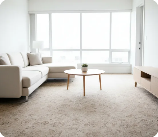 Wohnzimmer vor Renovierung mit Teppichboden und heller Einrichtung