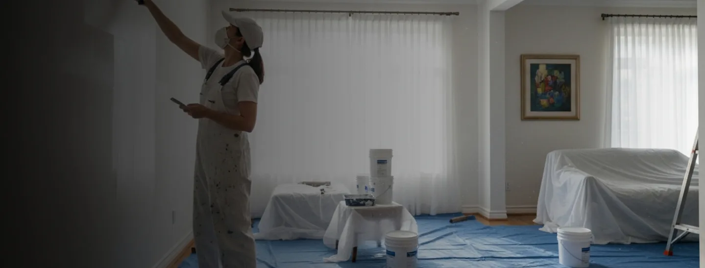 Malerin streicht Wand im Wohnzimmer bei Renovierungsarbeiten