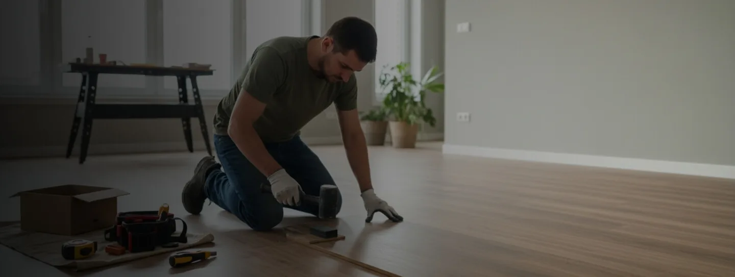 Handwerker verlegt Laminatboden im Wohnzimmer mit Werkzeug