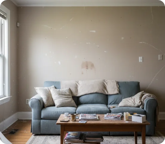 Wohnzimmer vor Malerarbeiten mit beschädigter Wand und sichtbaren Flecken
