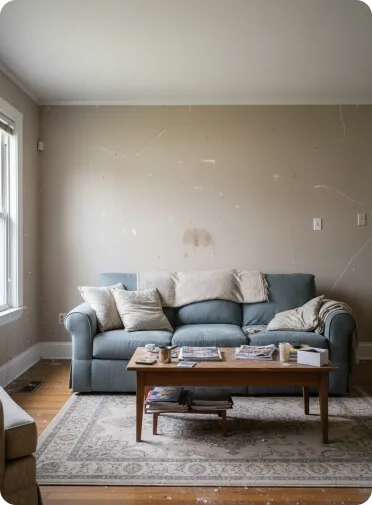 Wohnzimmer vor Malerarbeiten mit beschädigter Wand und sichtbaren Flecken