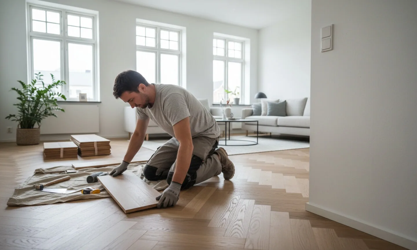 Handwerker verlegt Boden im Wohnzimmer mit Werkzeug