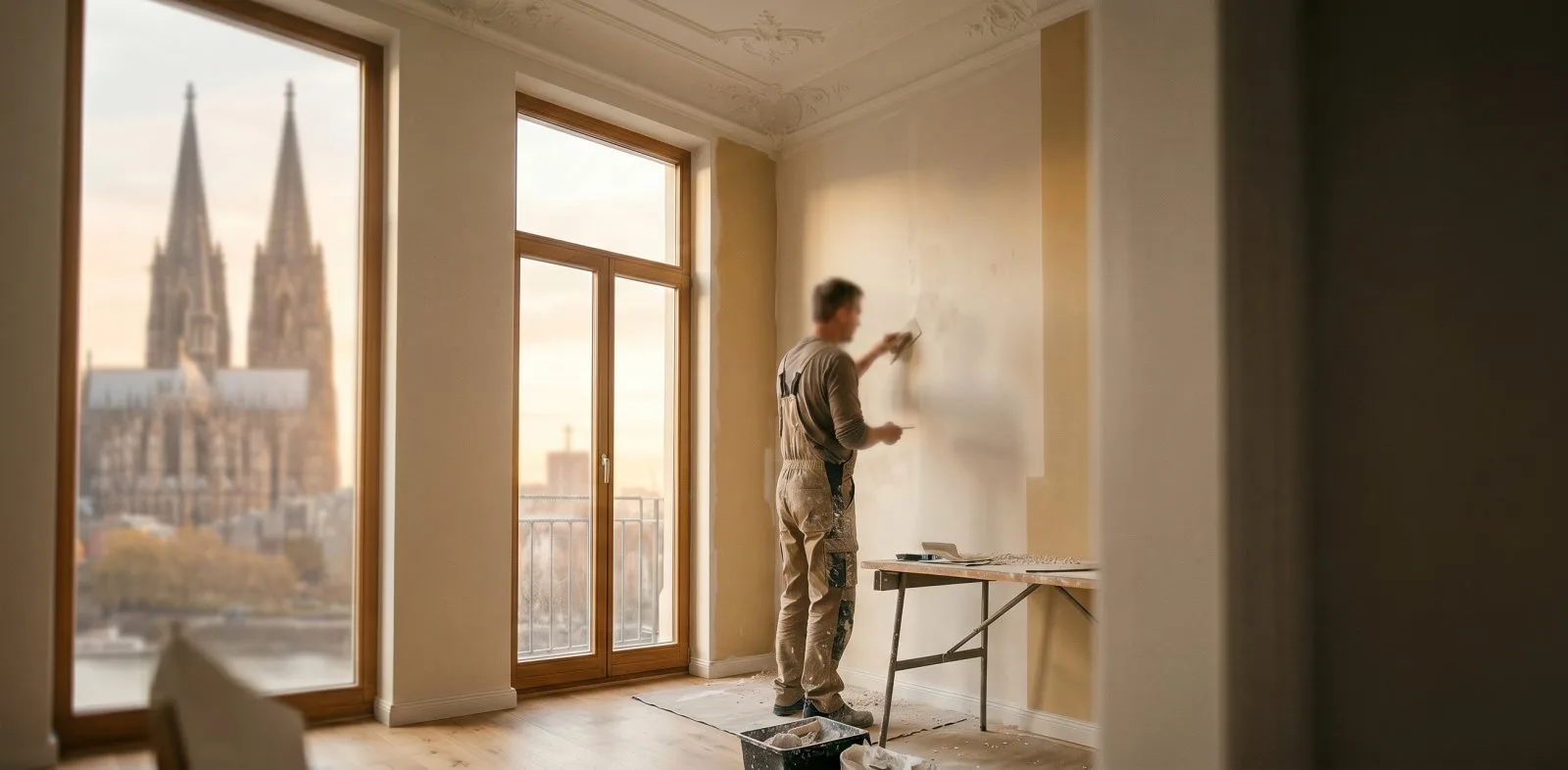 Maler von MyWorker bei Renovierungsarbeiten in einer Kölner Altbau-Wohnung mit Blick auf den Kölner Dom